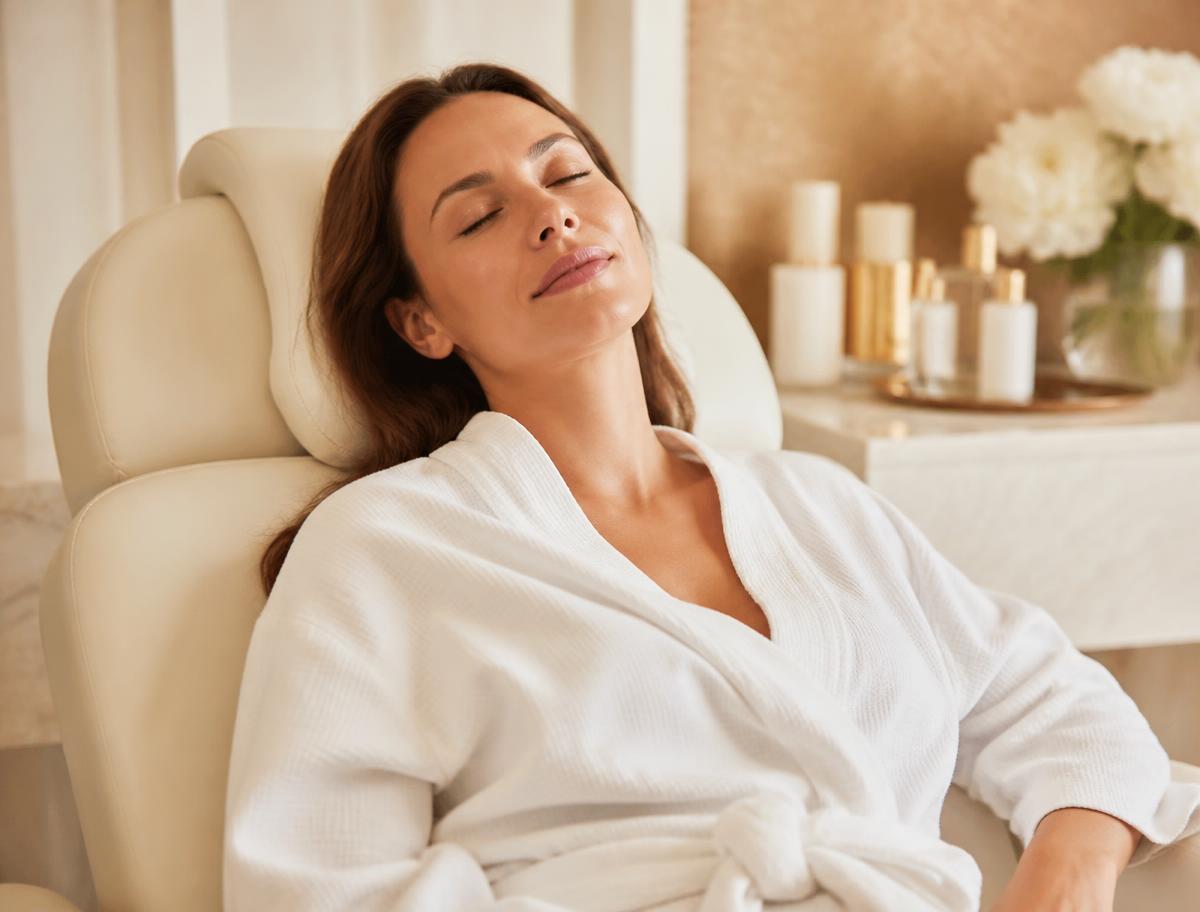 Client relaxing in a treatment chair at a luxury med spa in soft warm light