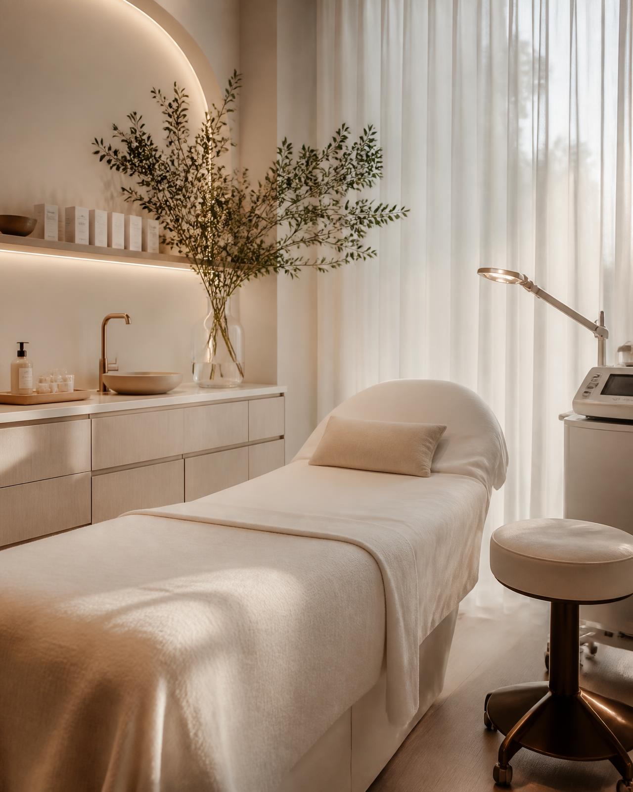 Calm, softly lit med spa treatment room with cream linens and botanical branches